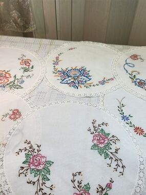6 Hand-Embroidered Floral Round Wall Art - White with Multicolor Flowers